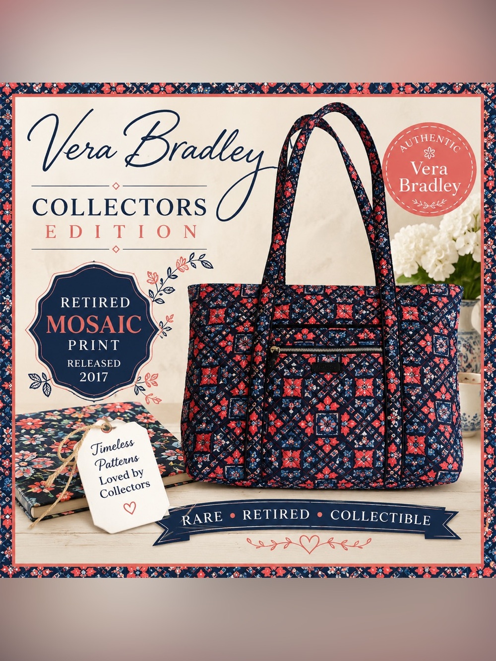 Vera Bradley Vera Tote Mosaic Retired Print Large Quilted Shoulder Bag